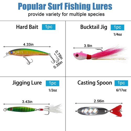 Saltwater Gear Surf Fishing Tackle Kit, Include Saltwater Lures, Pyramid Sinker Weights, Bucktail Jigs, Spoons, Leader Rigs, Catfish Hooks Swivels, Pier Ocean Sea Surf Fishing Accessories