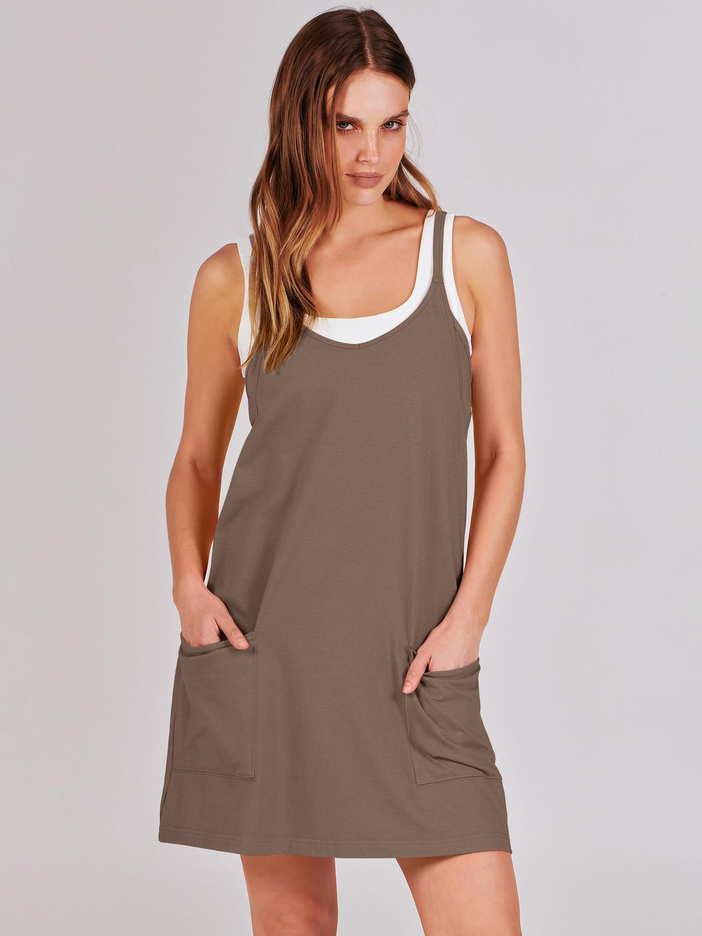 ANRABESS Women Athletic Dress Summer Tennis Workout Active Sports Mini Romper Dress Built in Shorts Travel Vacation Clothes Coffee X-Large