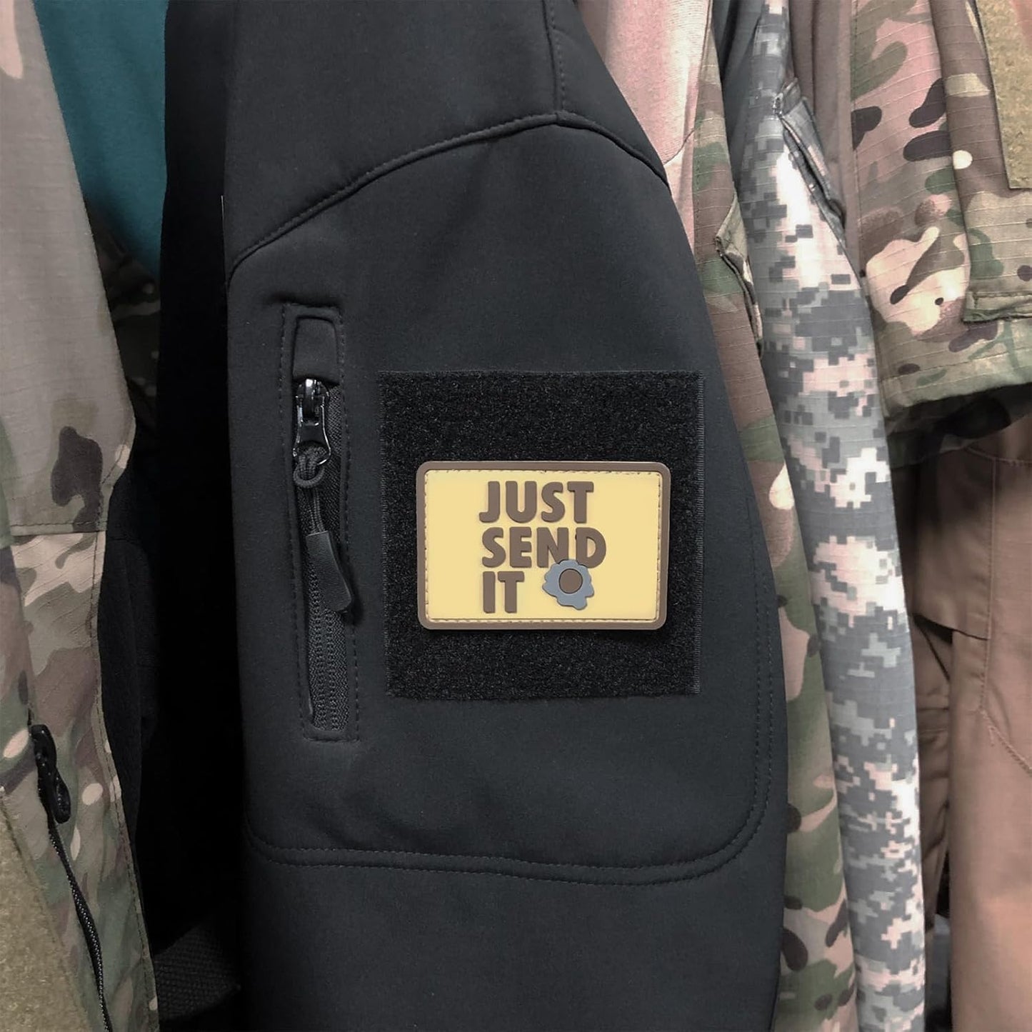 Just Send It Sniper Rubber Tactical Patch 2.95x2 inches with Hook Fastener Back for Hats Caps Clothing Vests Bags Backpacks (Tan)