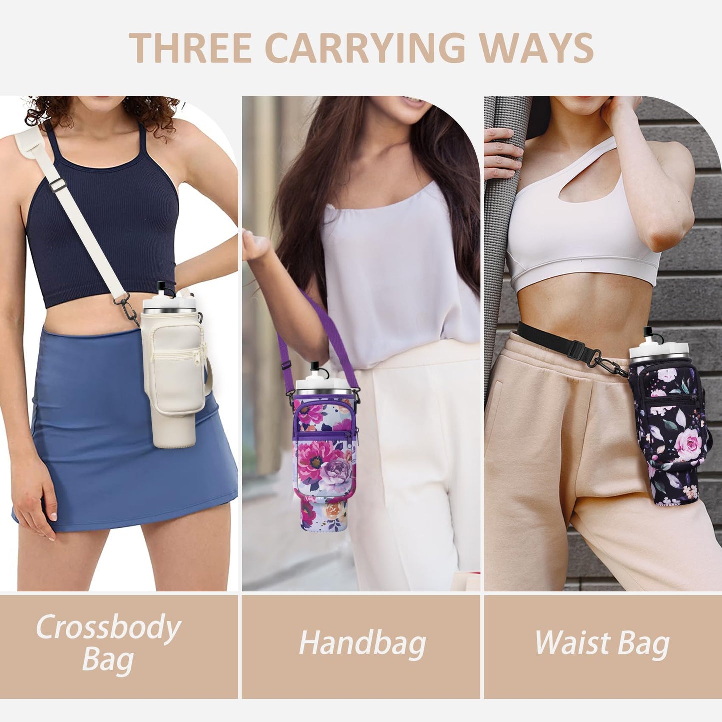 AceTreker 30/40 oz Stanley Cup Sling Bag with Strap & Phone Pocket, Neoprene Vacuum Insulated Travel Tumbler Holder with Straw Cover for Simple Modern with Handle-Black Flower