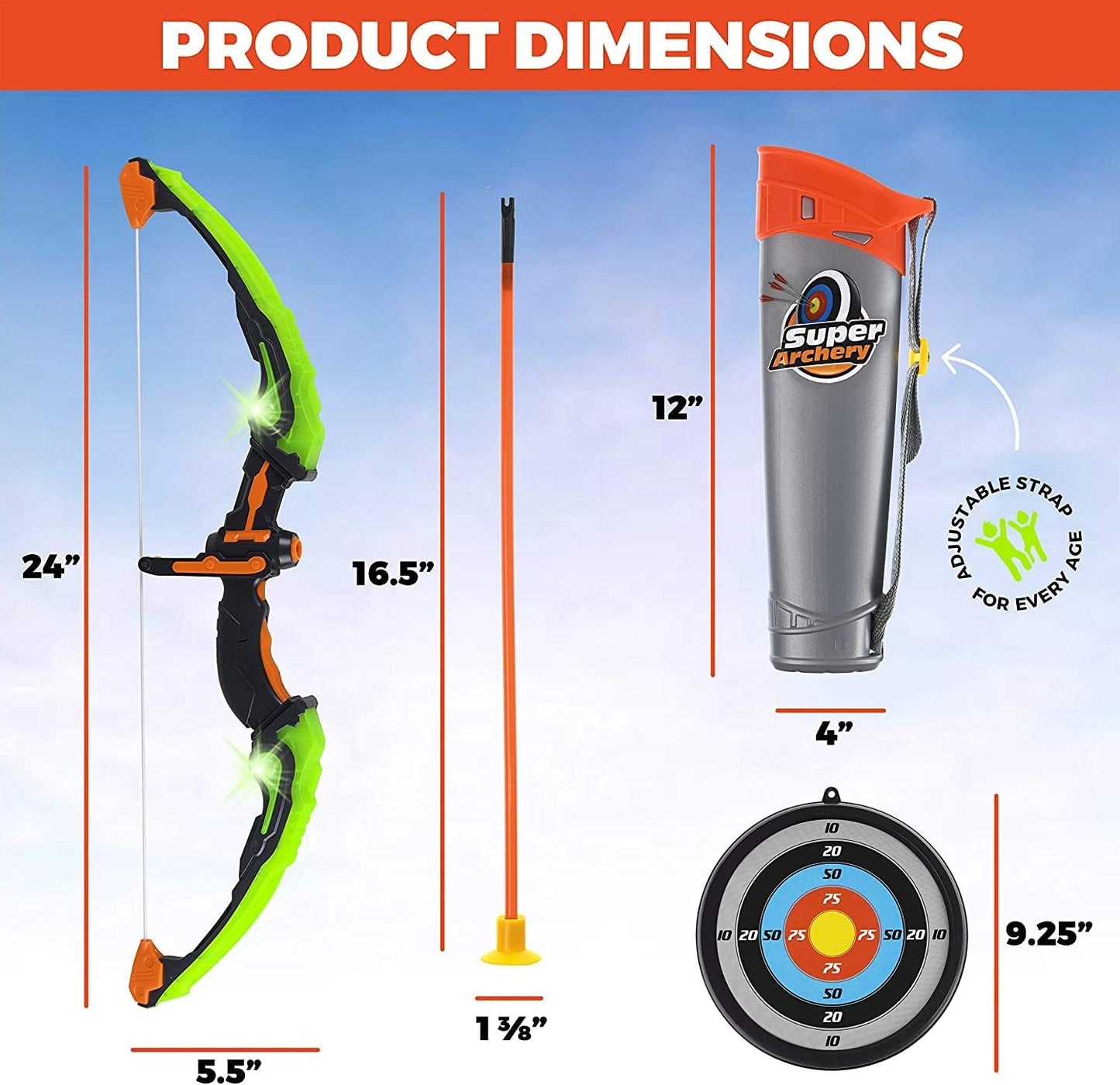 ToyVelt Kids Bow and Arrow Set - Light-Up Archery Set with 6 Suction Arrows, Target and Quiver - Outdoor and Indoor Toy for Boys and Girls Ages 4-12 (Green)
