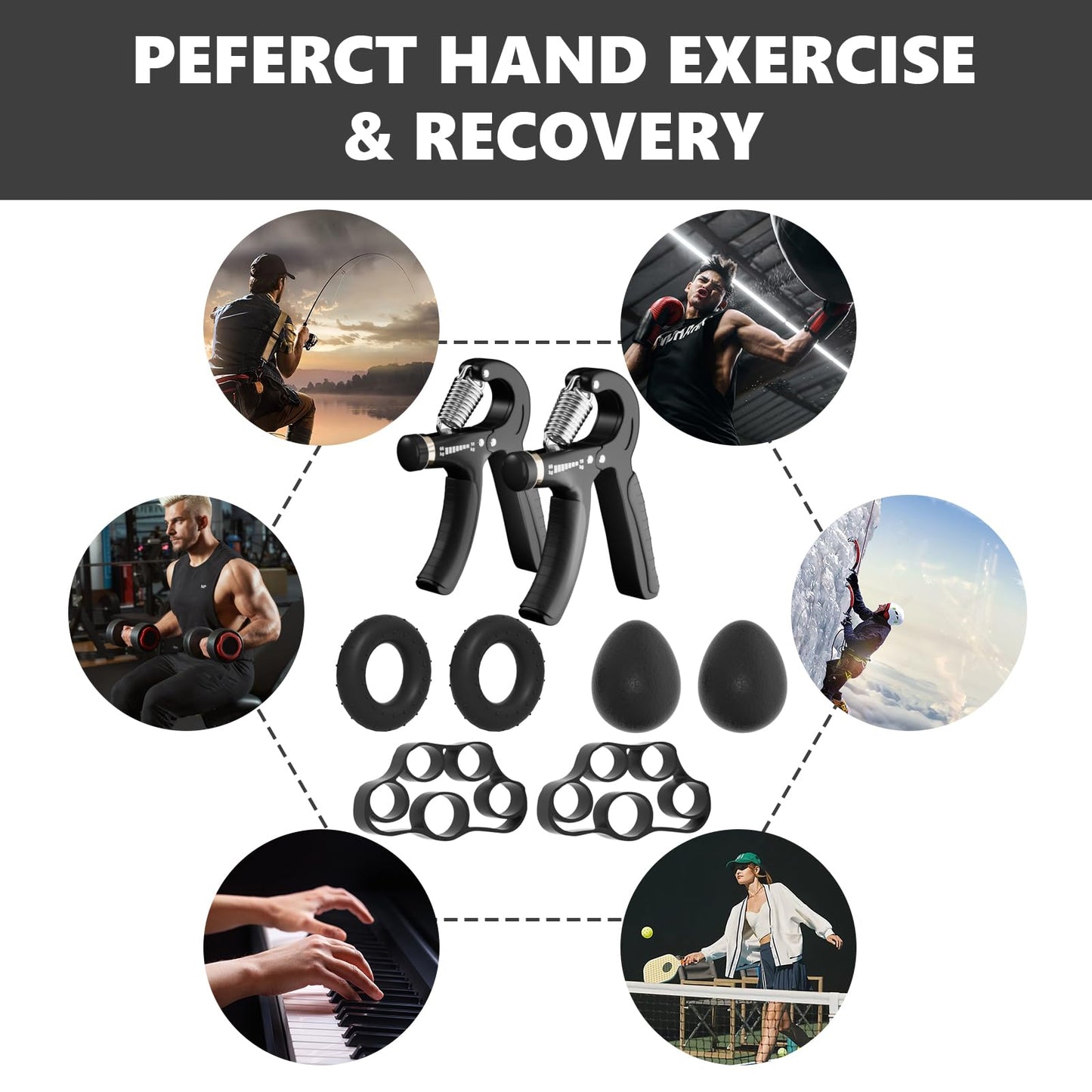 Hand Grip Strengthener Workout Kit Kit (8-Piece), 2 Adjustable Resistance Forearm Grippers, 2 Finger Stretchers, 2 Grip Rings and 2 Stress Relief Grip Balls for Muscle Building and Injury Recovery