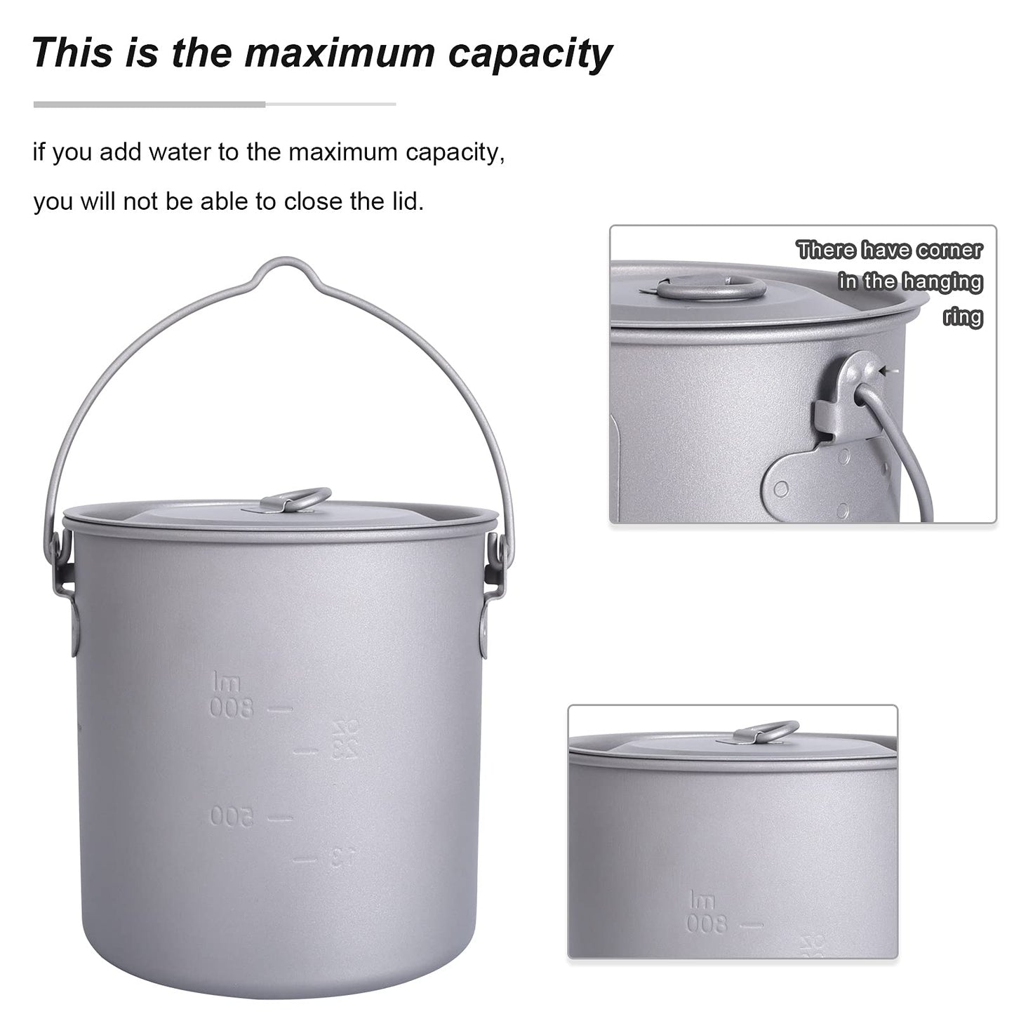 iBasingo 1250ml Titanium Hanging Mug with Lid Tea Coffee Water Cup Outdoor Camping Pot Ultra-light Portable Hiking Backpacking Cooking Kit Picnic Tableware Drinkware with Foldable Handle Ti3042D