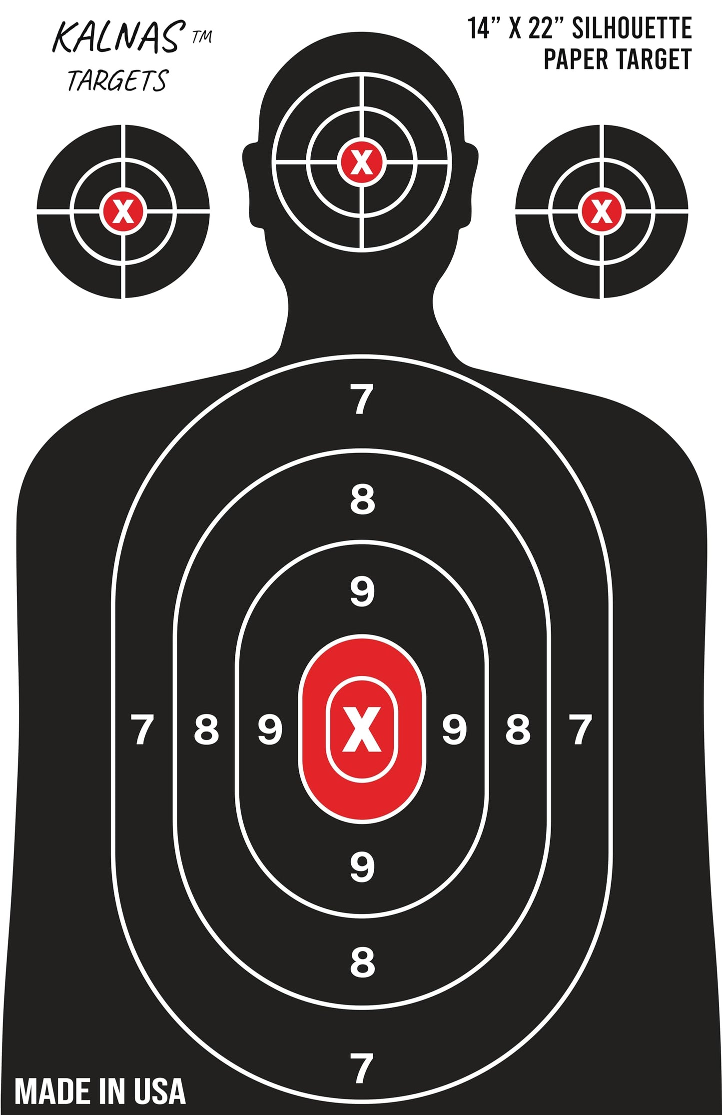 Kalnas Shooting Targets Paper, 14 x 22 inch, Bulk for Hunting, Handguns, Pistols, Rifles, Silhouette with Red Bullseye, Black & Red Design, Made in USA, Packs of 25-50-100 Shooting Targets (25)