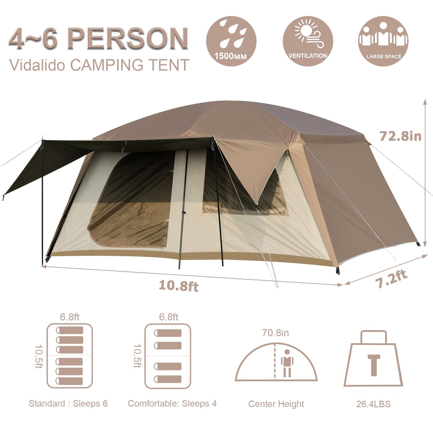 Vidalido 4-6 Person Camping Tent with 3 Door 2 Room Large Family Cabin Tents, Double Layer Waterproof Portable Glamping Tent, Big Tents for Outdoor Camping Hiking and Backpacking