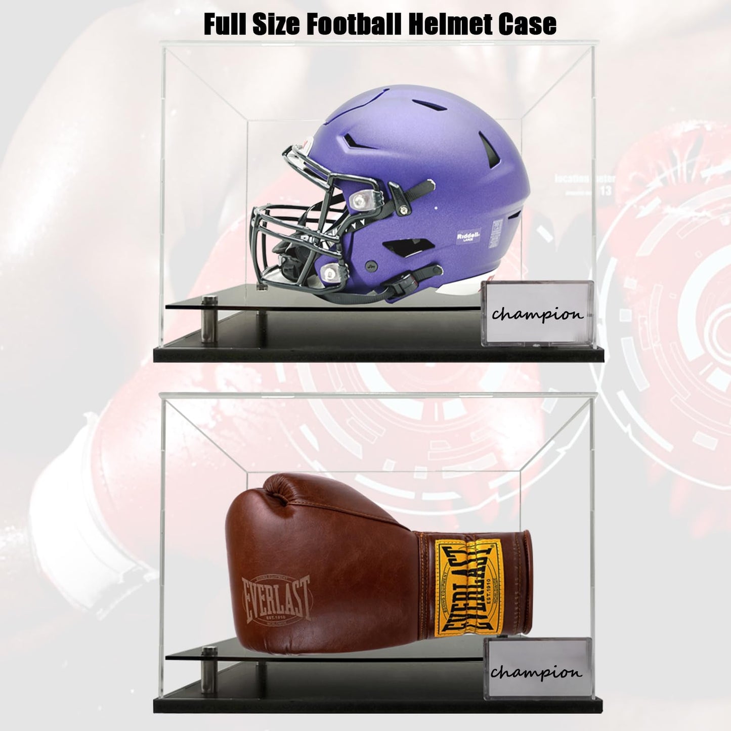 Acrylic Football Helmet Cases Features a PVC Base with Silver risers,Football Helmet Case Full Size Free Name Plate,Helmet case Display case Full Size UV Protection.（Need Assembly）
