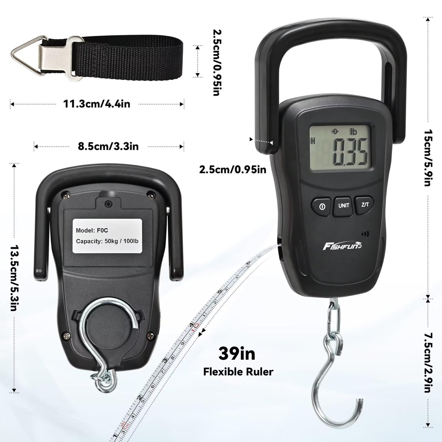Fishfun Rechargeable Fish Scale, Digital Hanging Fish Weight Scale with Large Handle and Tape Measure for Fishing, Hunting, Outdoor, Farm, 110lb/50kg