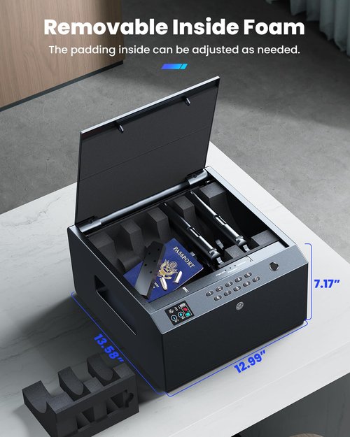 MOLICAR Gun Safe fits 4 pistols, Biometric Gun Safes for Handgun with LCD of Temp Humidity Battery, USB-C Port, Fingerprint Quick Access Pistol Case, Hand Gun Lock Box for Home Bedside Nightstand Car