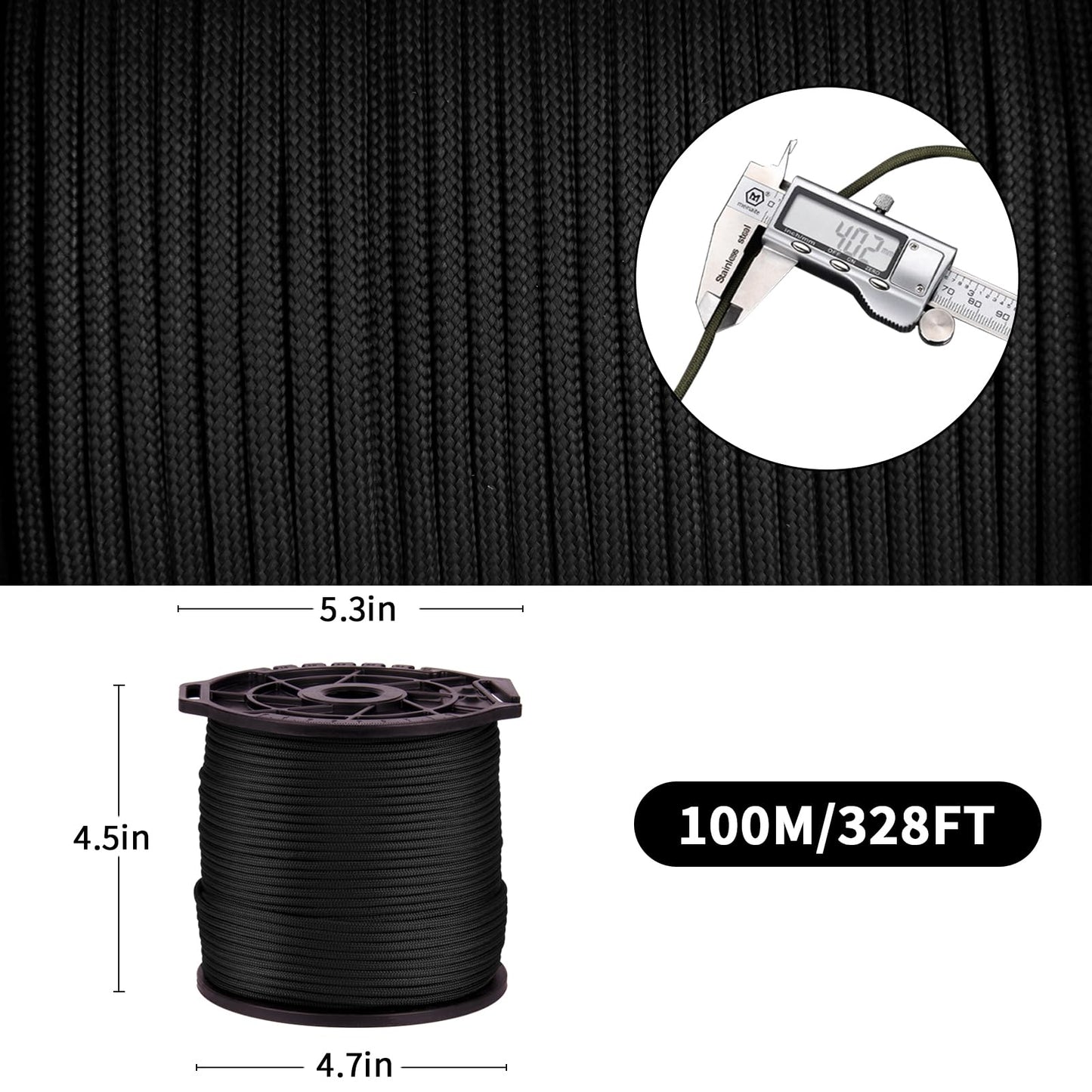 Ligebul Paracord Rope, 100M/328FT, 4mm, 9 Strand Parachute Spool Cord Nylon Paracord Rope for Camping Hammock Clothslie Hiking Fishing Survival (Black)