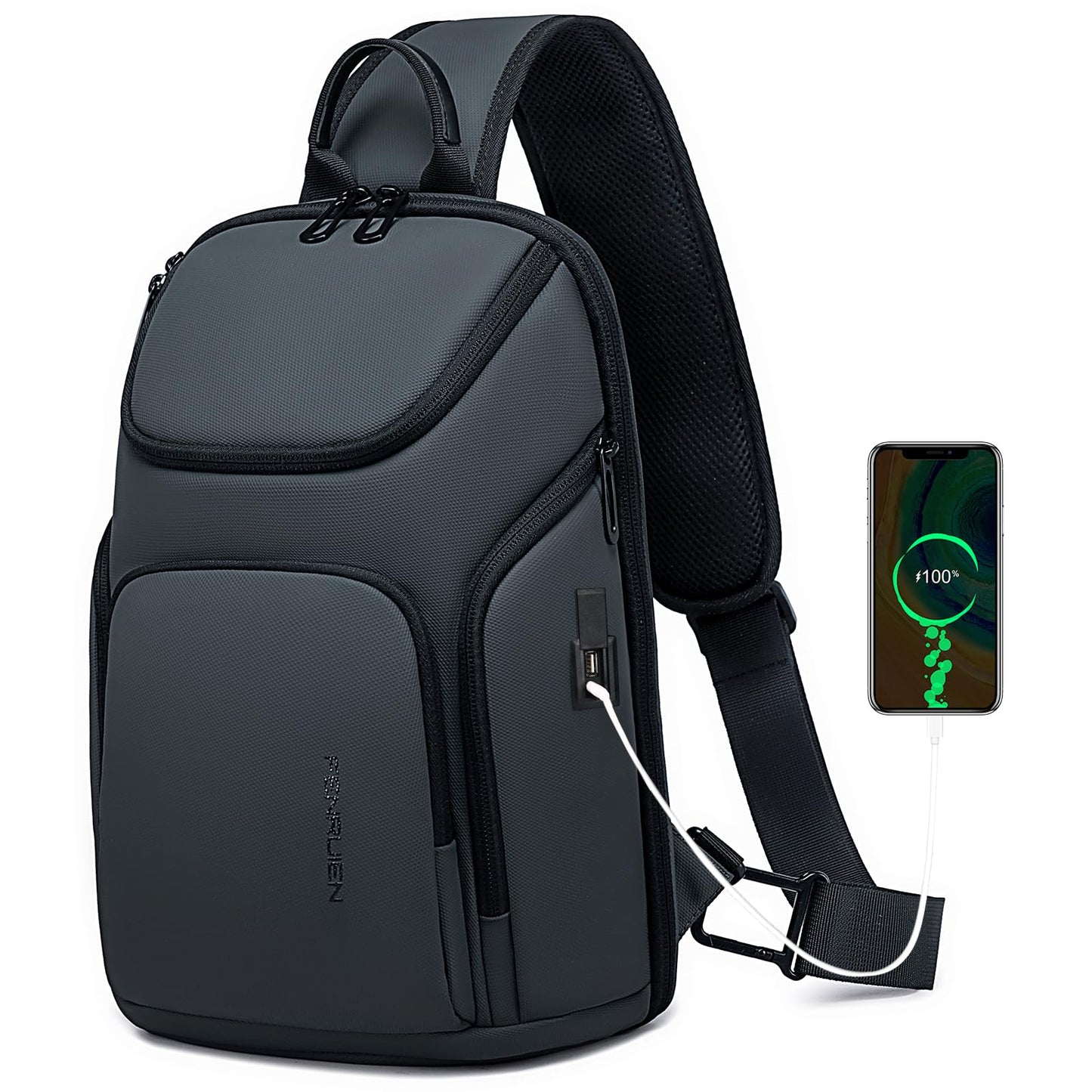 FENRUIEN Grey Sling Bag, Lightweight Crossbody Bag with USB, Sling Backpack Shoulder Chest Pack for Men Casual Rucksack for Daypack/Hiking/Travel/Sports