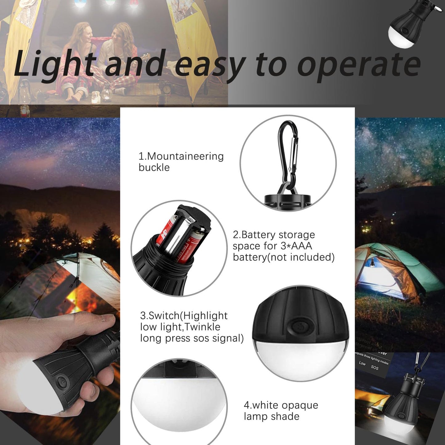 4 Packs LED Camping Lights ,Camping Gear, Camping Tent Lantern Tent Lights Portable Outdoor Waterproof Emergency Light Bulb,Super Bright, for Hiking, Party，Camping, Fishing, Power Failure (Black )