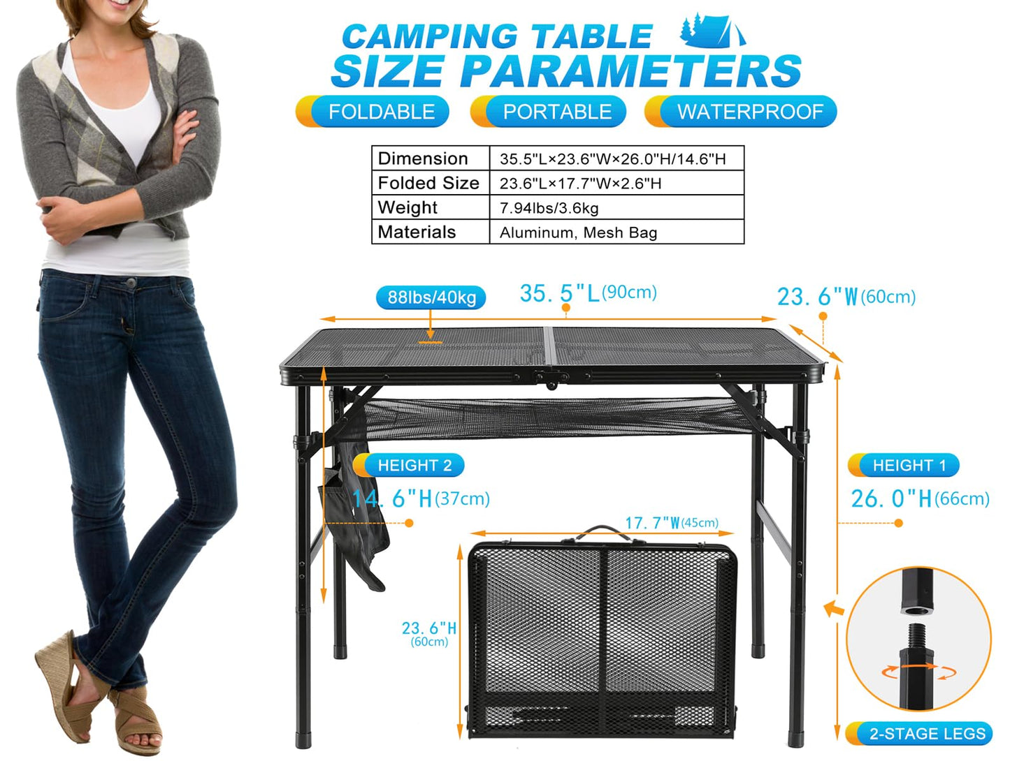 SKIKEN Folding Metal Camping Table with Mesh Layer, Portable & Lightweight Grill Table for Outdoor, 2 Adjustable Heights, Metal Mesh Tabletop for Camping Cooking, Medium Size (2.95 FT, Black)