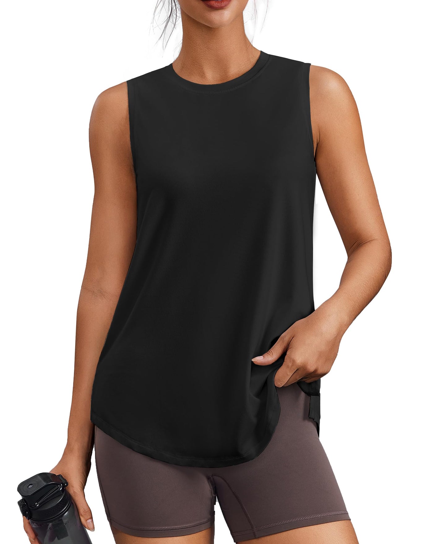 PINSPARK Womens Workout Tank Tops Sun Protection Athletic Tennis Top Crew Neck Running Tops Sleeveless Yoga Muscle Tank Hip Length Gym Shirts Loose Fit, Black XL