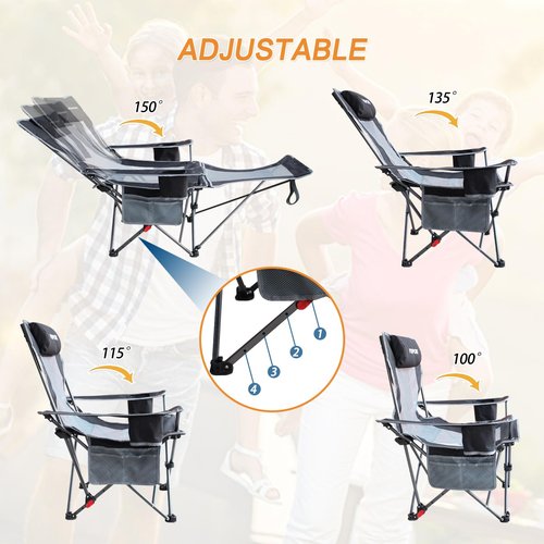 POEPORE Reclining Camping Chair with Removable Footrest Lounge Chair with Headrest, Cotton Cushion, Portable Adjustable Folding Chairs for Adults Black