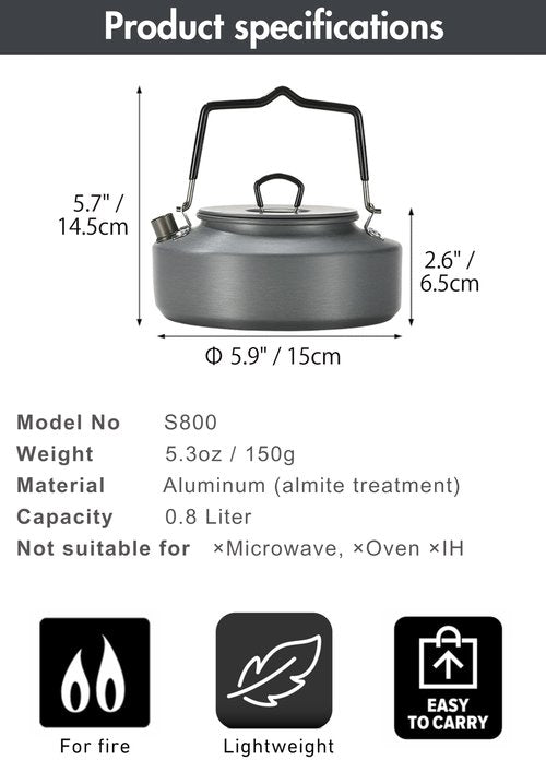 CAMPINGMOON 0.8L Camping Kettle Coffee Tea Pot Portable Ultra-Light S800