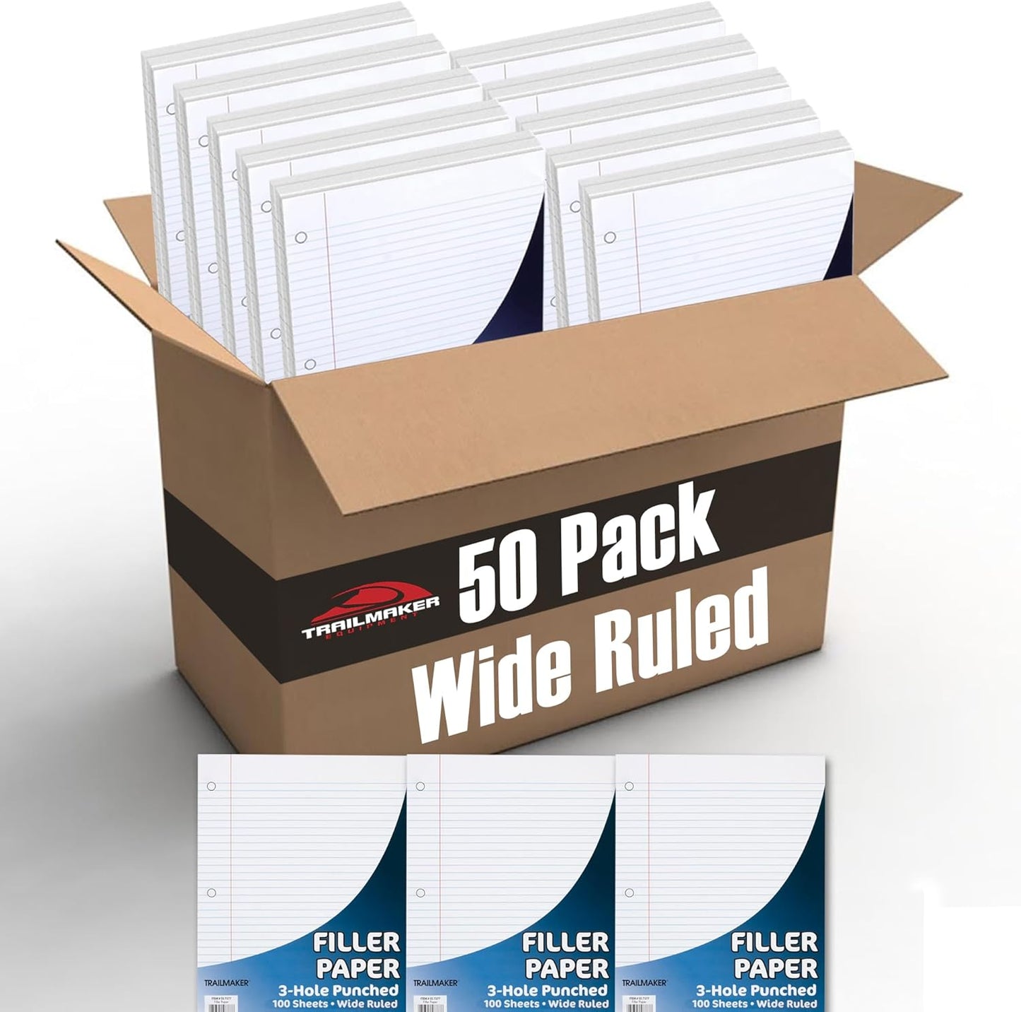 50 Pack Bulk Binder Paper Wide Ruled, 3 Hole Punched Loose Leaf Binder Paper Bulk - 100 Sheets (200 Double-Sided Pages)