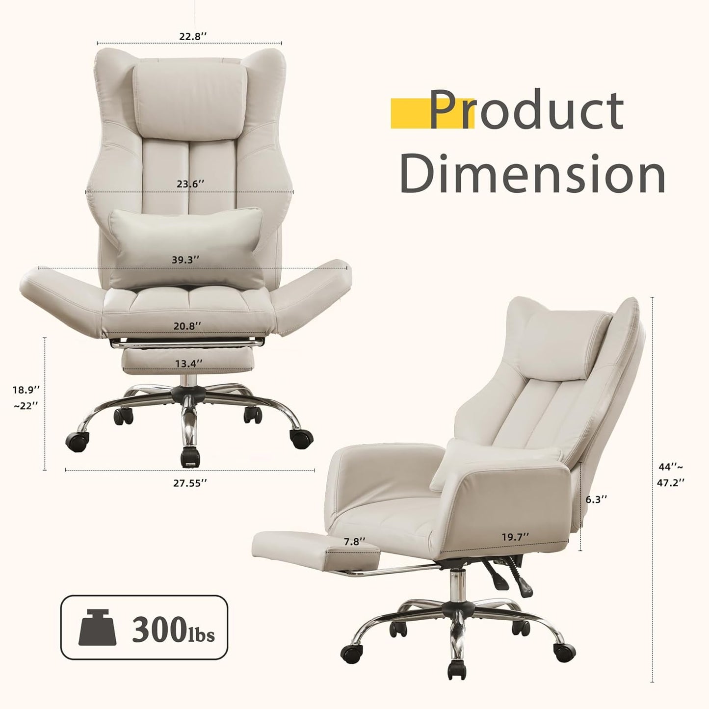 Ergonomic Cross Legged Office Chair with Footrest,Leather Big and Tall Executive Chair with Wheels,Reversible Armrest and Lumbar Pillow,135° Reclining Computer Wide Desk Chair for Home,Office (Beige)