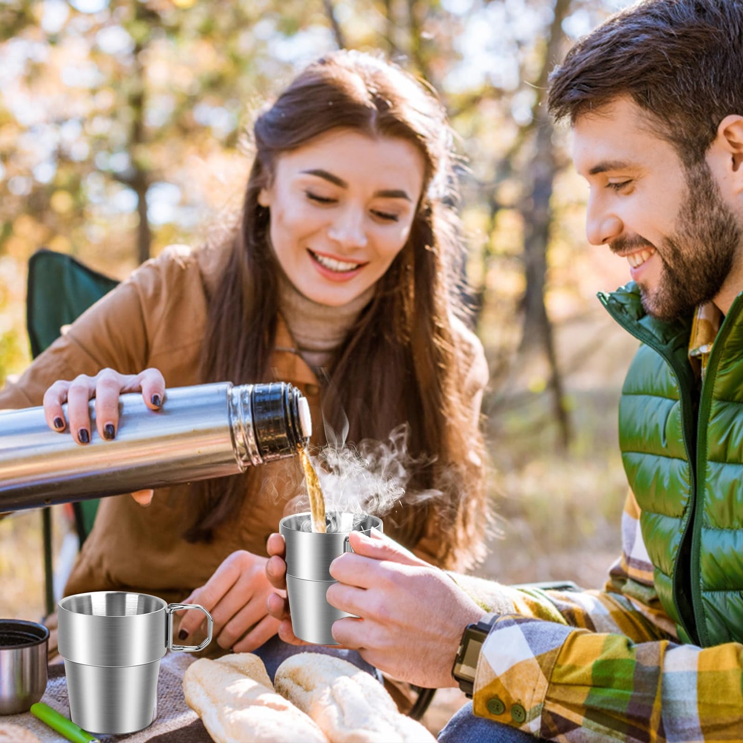 4-Pack Stainless Steel Camping Cups with Foldable Handle, 10 oz Camping Coffee Mugs with Double Wall Design, Ideal for Outdoor Activities, Travel, and Home Use