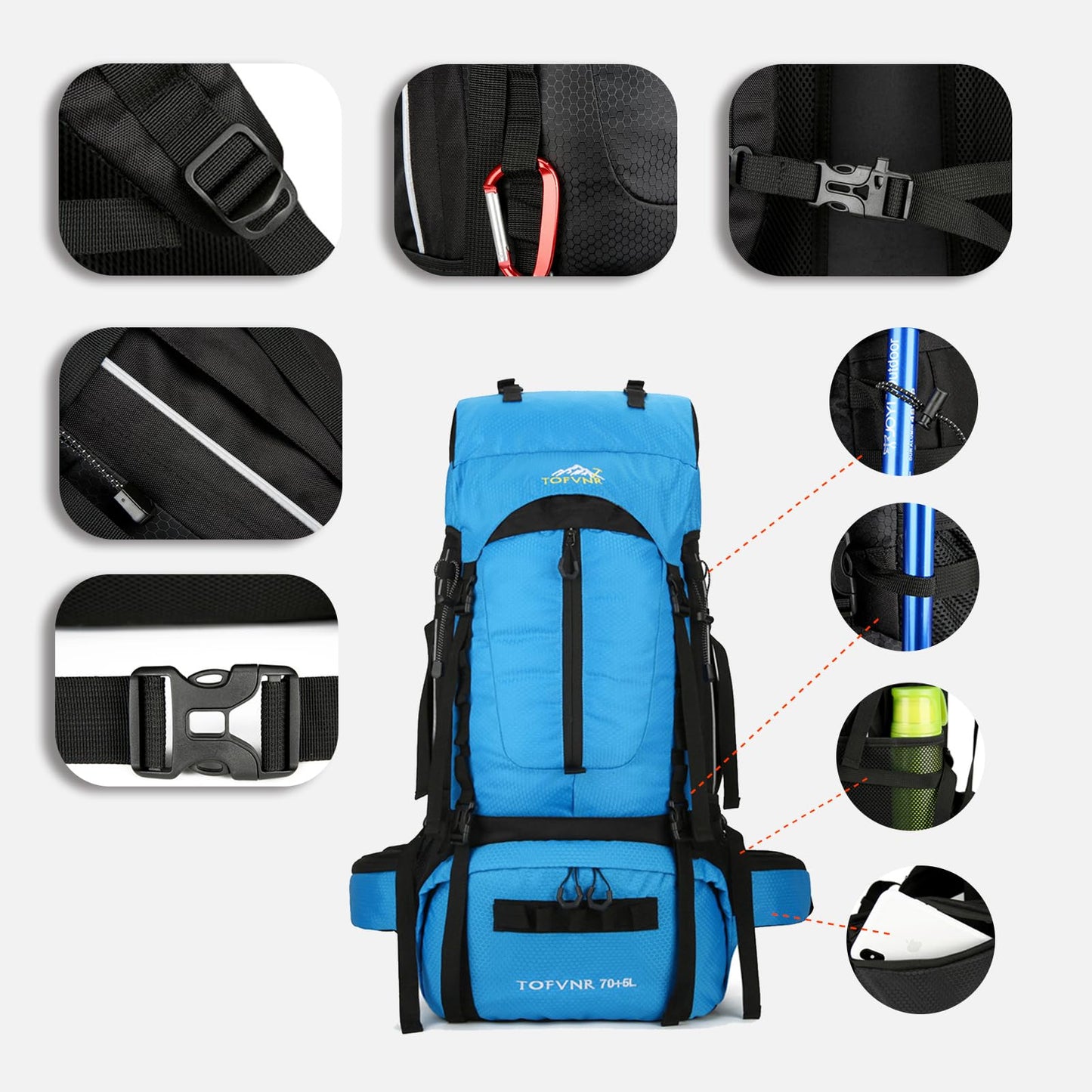 75L Hiking Backpack, Water Resistant Lightweight Outdoor Sport Daypack Travel Bag for Camping Climbing Touring (Light Blue)