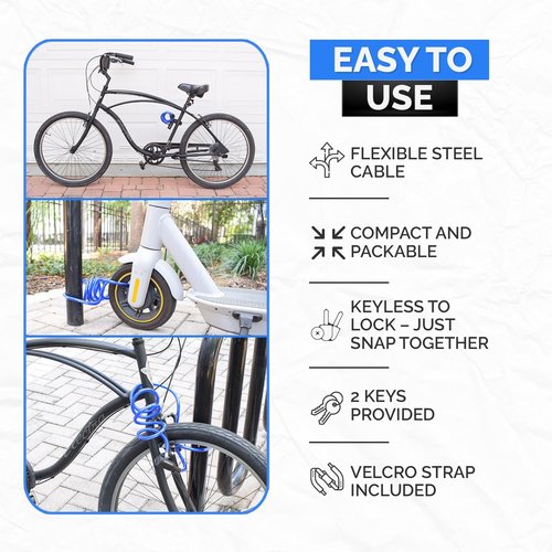 DocksLocks Bike Cable Lock Set, Coiled Security Cable with Key Lock and Mounting Bracket, Compact Anti-Theft Protection for Bikes, Bicycles, Scooters and More 4ft