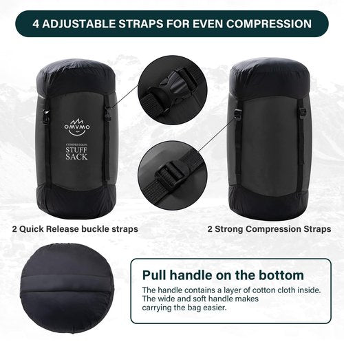 OMVMO Sleeping Bag Stuff Sack, 11L/18L/30L/45L/52L Water-Resistant Compression Sack,Anti-Tear Ultra Light Nylon Storage Bag，Black/Yellow/Orange/Dark Blue/Dark Green/Sky Blue (Black, L/32L)