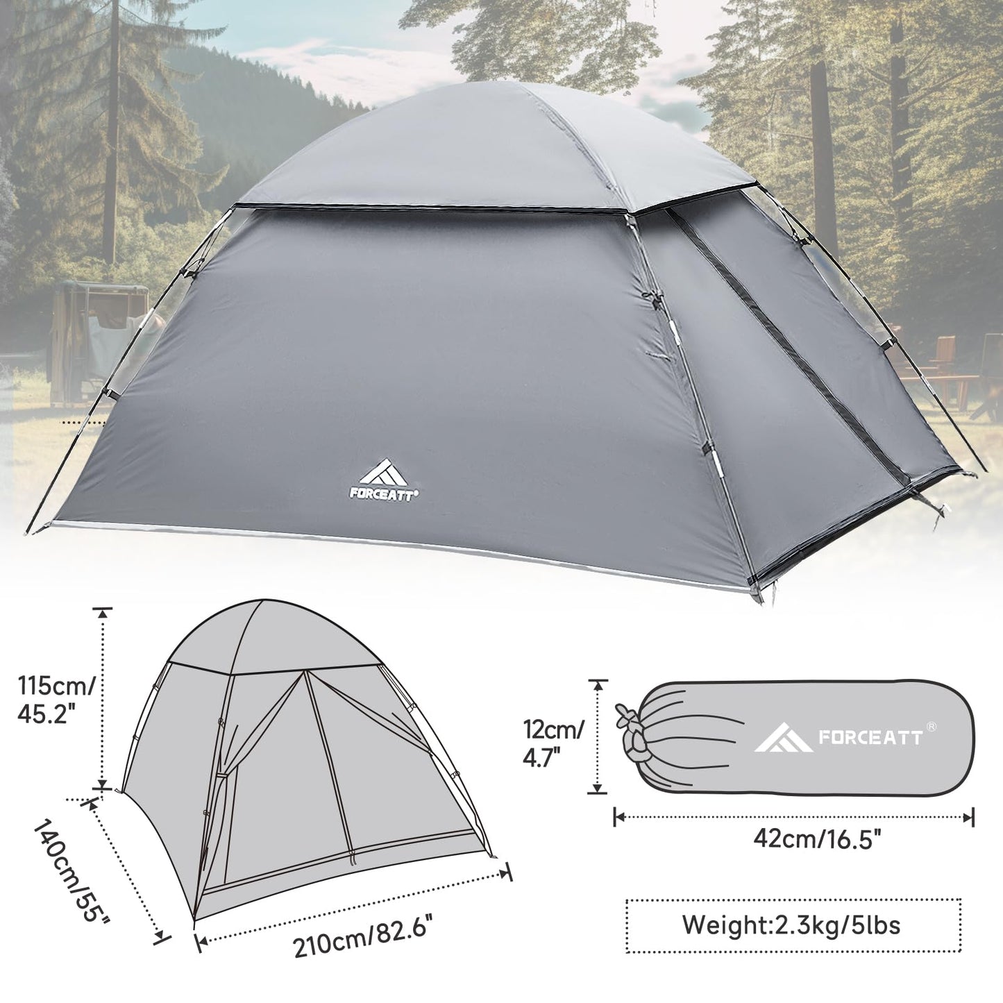 Forceatt 2 Person Backpacking Tent, Easy Setup Dome Tent, Lightweight Portable Camping Tent for Camping, Festivals, Backyard, Sleepovers and Beach