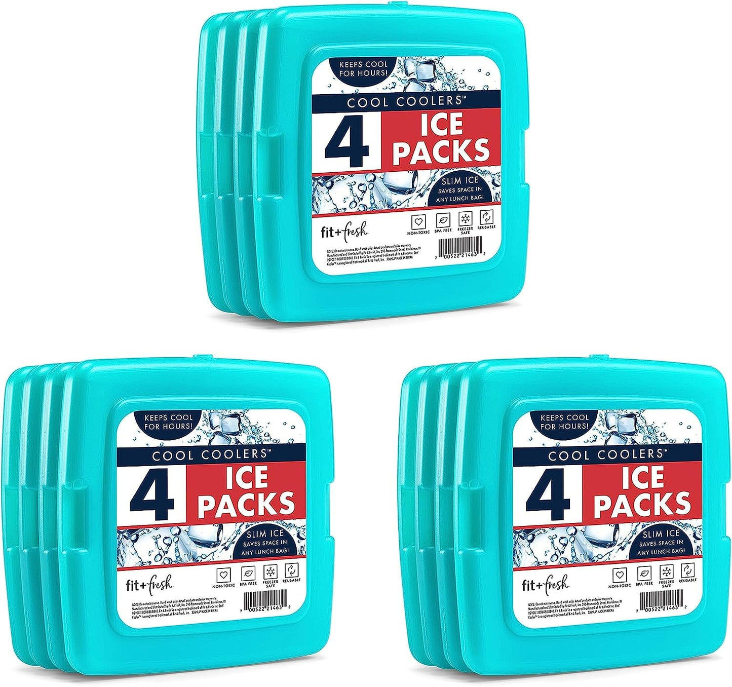 Cool Coolers by Fit + Fresh, Reusable & Long-Lasting Slim Ice Packs, Cold Packs for Lunch Boxes, Ice Packs for Lunch Bags, Green 12 Pack
