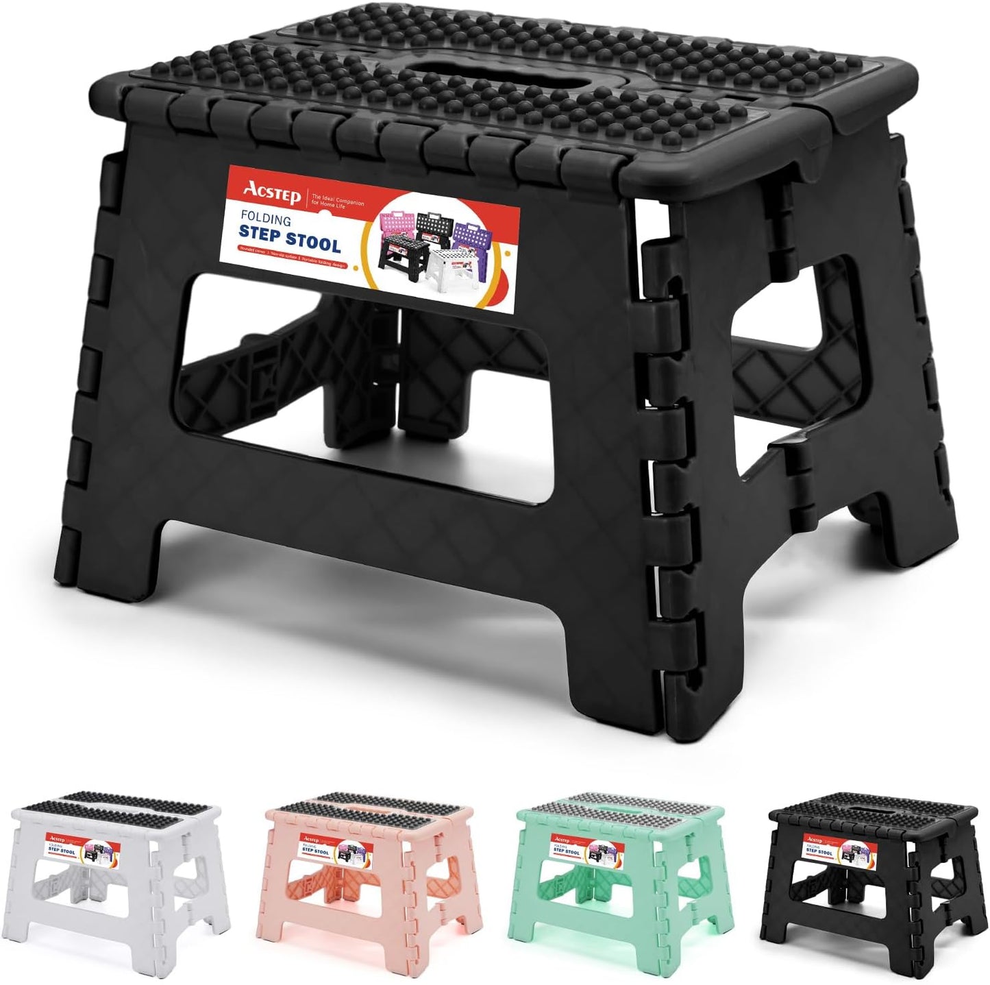 ACSTEP Folding Step Stool Foldable Stool 7.5 Inch Height Kids Step Stool, 300 lb Capacity Plastic Collapsible Stool, Stepping Stool with Handle Black Small Step Stool, Foot Stool Suitable for Kitchen