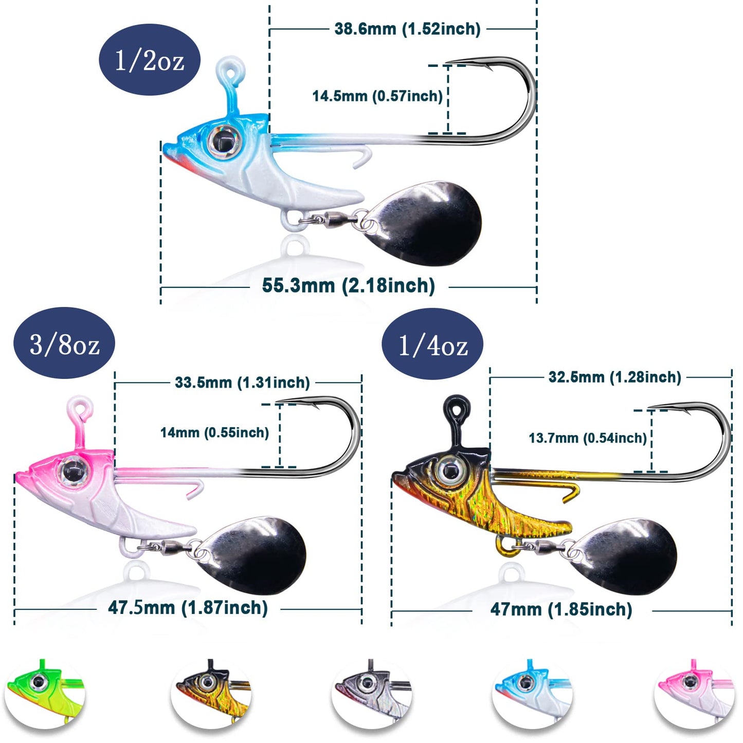 FishTrip Underspin Jig Heads Hooks - 1/4 oz,3/8 oz,1/2 oz Swimbait Jig Head with Spinner Blade for Fishing Saltwater Freshwater 5pcs - 1/4 oz