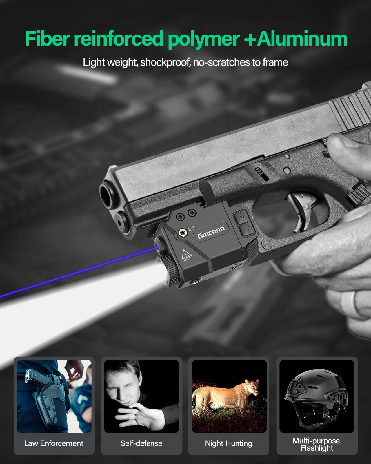 Gmconn 800 Lumens Pistol Light and Green Red Blue Laser Combo, Tactical Flashlight with Beam for Pistol with Rail (Blue Laser)