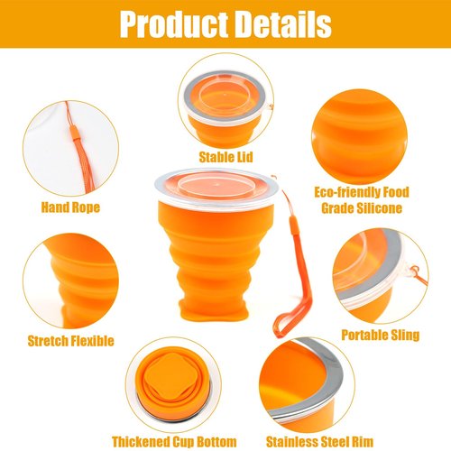 QEEYON 5Pcs Silicone Collapsible Cup for Travel, Reusable Folding Camping Cup Mug with Lids, Portable Expandable Drinking Cup Collapsible Water Cups Mugs Set Telescopic Camping Tumblers for Hiking