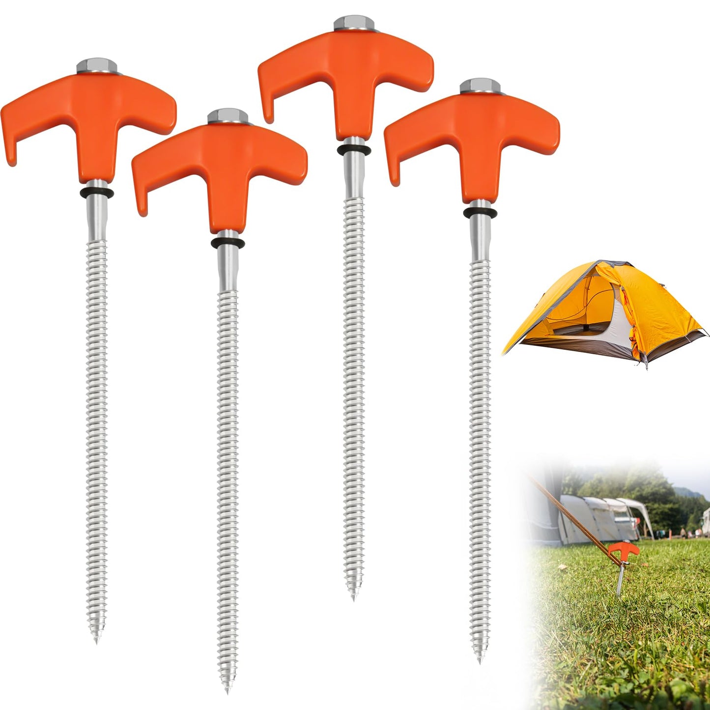 4Pcs Screw in Tent Stakes Heavy Duty, 8" Ground Stakes Ground Anchors Screw in, Metal Screw Tent Stakes Heavy Duty Tent Pegs, Ground Threaded Tent Spikes for Outdoor Camping (Orange)