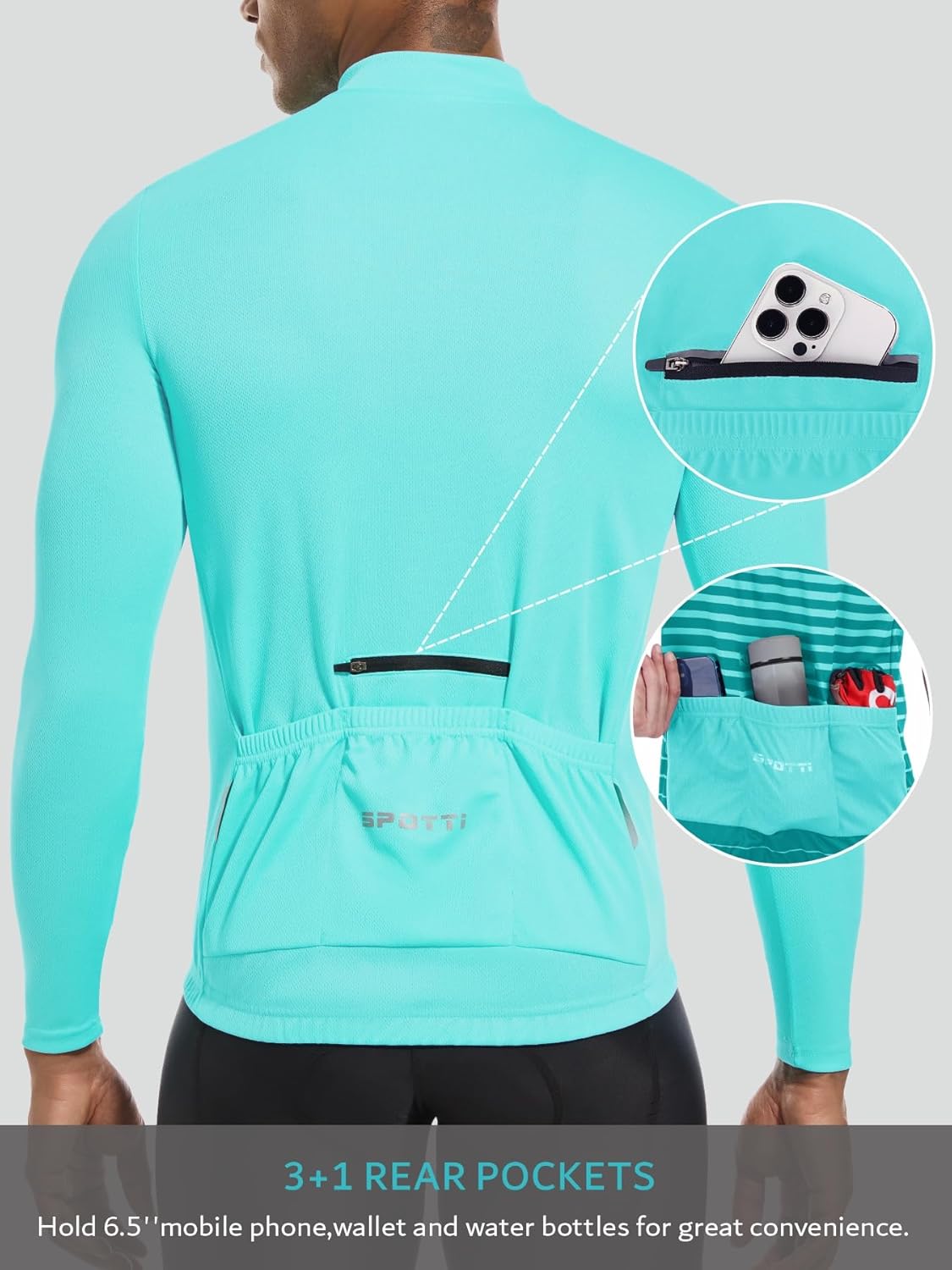 Spotti Men's Cycling Bike Jersey Long Sleeve with 3 Rear Pockets - Moisture Wicking, Breathable, Quick Dry Biking Shirt