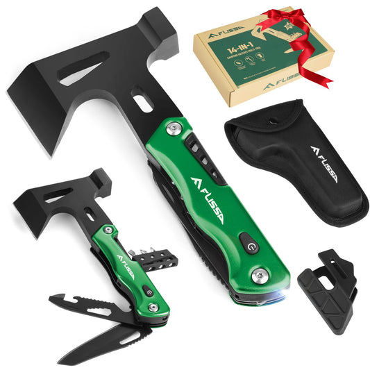 FLISSA Camping Axe Hammer 14-in-1 Multitool, Gift for Dad, Hatchet Multi Tool Stainless Steel with LED Light, EDC Hiking Survival Multi Function Tool Pocket Knife with Sheath