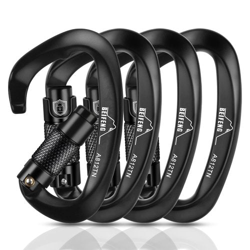 BEIFENG 25KN auto Locking Climbing Carabiner,Twist Lock Heavy Duty Carabiner, UIAA Certified D-Type Large Size Suitable for Climbing, Rappelling, Rescue, Hammock, Swing Black