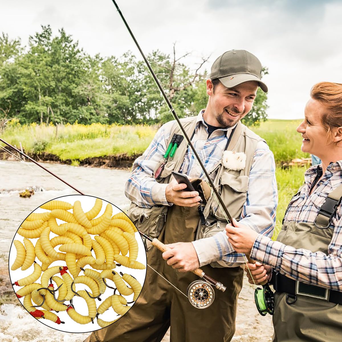 50 Pcs Rubber Maggots Fishing Bait, 20 Pcs Fishing Bait with Hooks + 30p Soft Maggot Bait Bread Worm, Fish Lures Worms Bulk Fishing Grubs for Trout, Crappie, Pan Fish, Bluegill, Fishing Lure Set