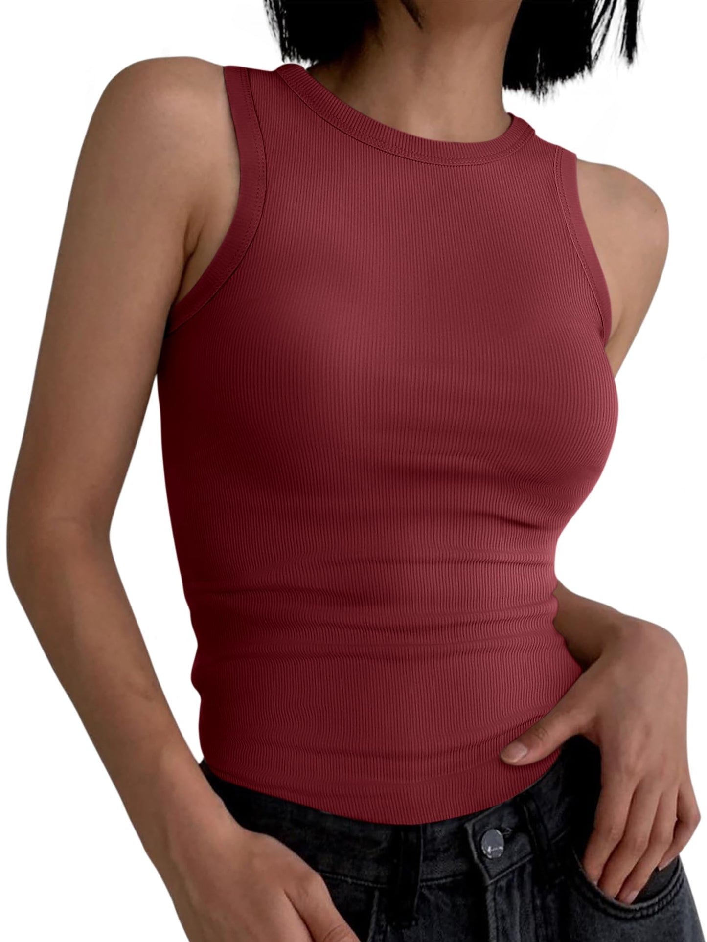 ANRABESS Womens Sleeveless High Neck Tank Tops Fashion Summer Casual Basic Slim Fit Ribbed Racerback Top Shirt Clothes Burgundy Medium