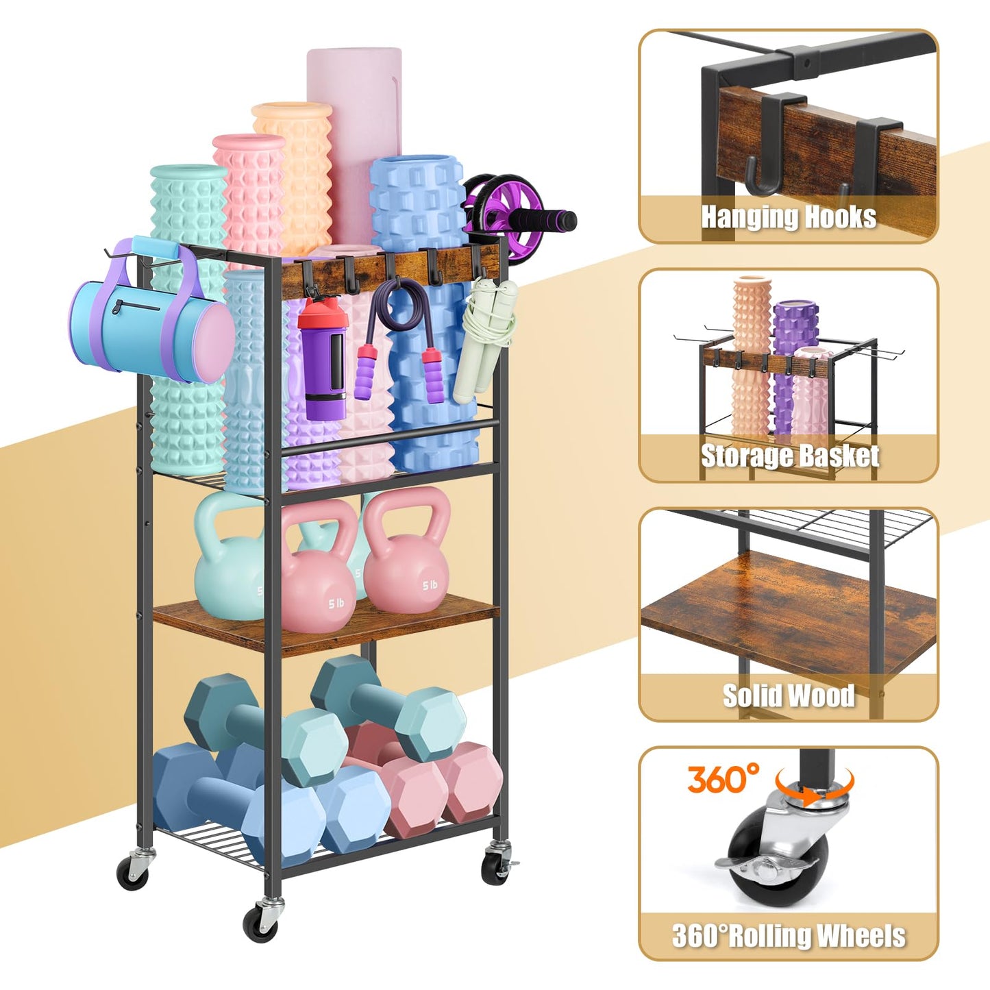 Home Gym Storage Rack, Yoga Mat Storage Racks, Workout Equipment Storage Organizer for Dumbbell Kettlebells, Exercise Shelf with Hooks and Wheels(Rustic Brown)