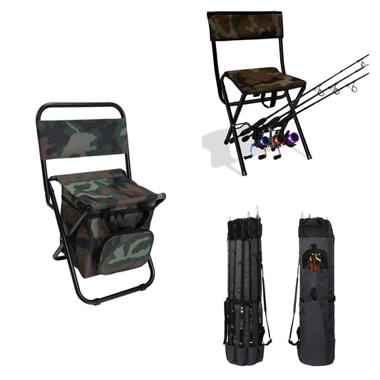LEADALLWAY Fishing Chair with Rod Holder and Cooler Bag, Camouflage, Portable, Outdoor, 2.9 lbs, 280 lbs Capacity, Steel Frame, Oxford Fabric, Anti-Slip Feet, Adjustable Shoulder Strap