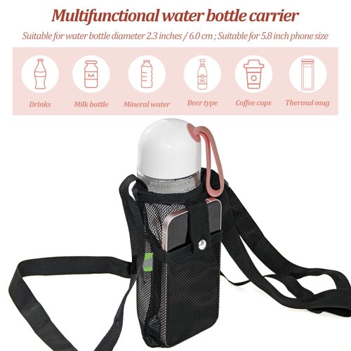 Zuihug 2PCS Water Bottle Carrier Bag - Convenient Holder with Strap and Pocket for Hiking, Walking, and Travel (Black, L)