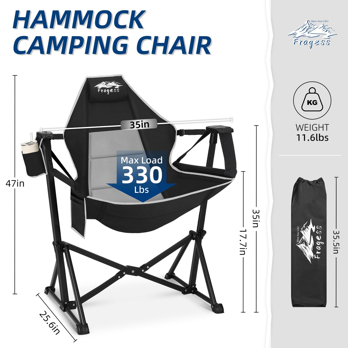 Fragess Portable Hammock Camping Chair with Adjustable Back, Folding Hammock Chair Supports 330lbs, Camping Swing Chair for Adults, Camping Hammock Chair for Lawn, Concerts, Backyard, Stargazer-Black