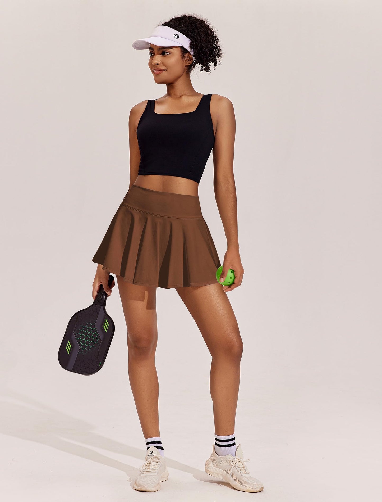 PINSPARK Womens Tennis Skirt Tummy Control Pleated Golf Skort with 2 Pockets High Waisted Active Skirts, Brown Medium