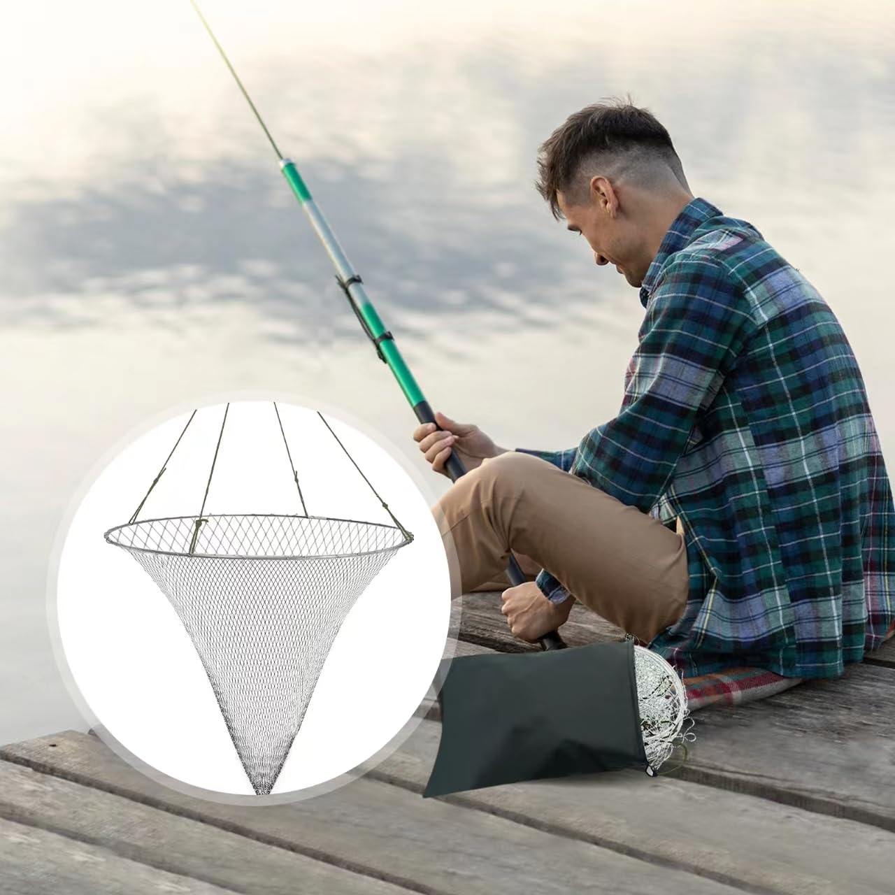 Portable Bridge and Pier Fishing Net with Rope Net, 32" Heavy-Duty Foldable Fishing Cast Nylon Mesh Drop Landing Net for Fishing Pier Crab