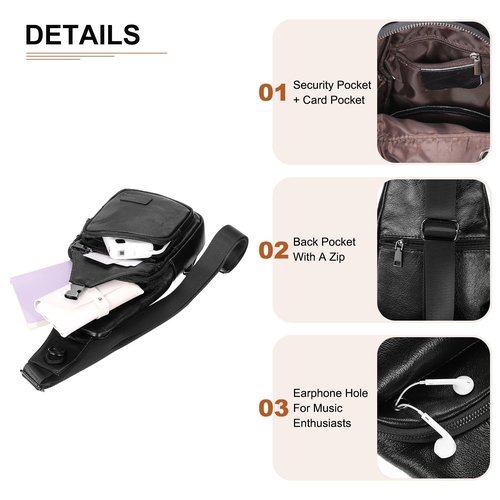 DTGN Genuine Leather Small Sling Bag - 6.69"x12.6" (LXH) Good for Men and Women Hiking Travel - Multipurpose Casual Small Packs Crossbody Chest Bag Backpack Black