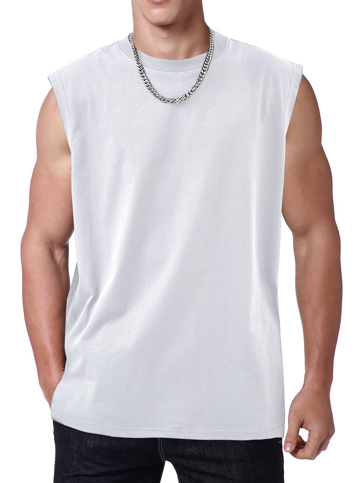 SnowElve Mens Workout Tank Tops Sleeveless Tee Shirts Men Muscle Shirt Gym Cotton T Shirts Running Beach Loose Fit Tee（A-White,M