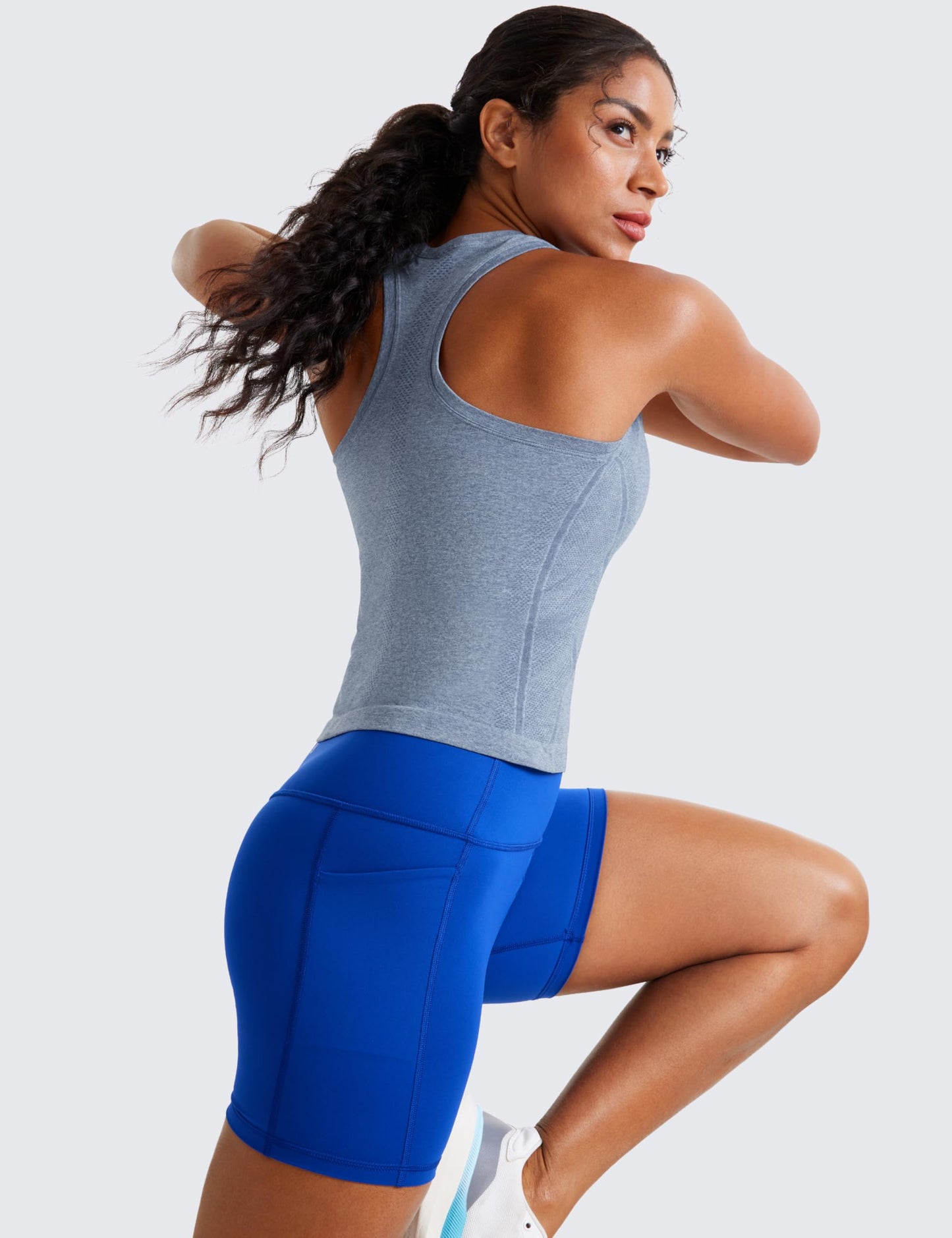 CRZ YOGA Seamless Workout Tank Tops for Women - Athletic Running Gym Sleeveless Shirts Crewneck Racerback Breathable Oasis Blue Heather X-Small