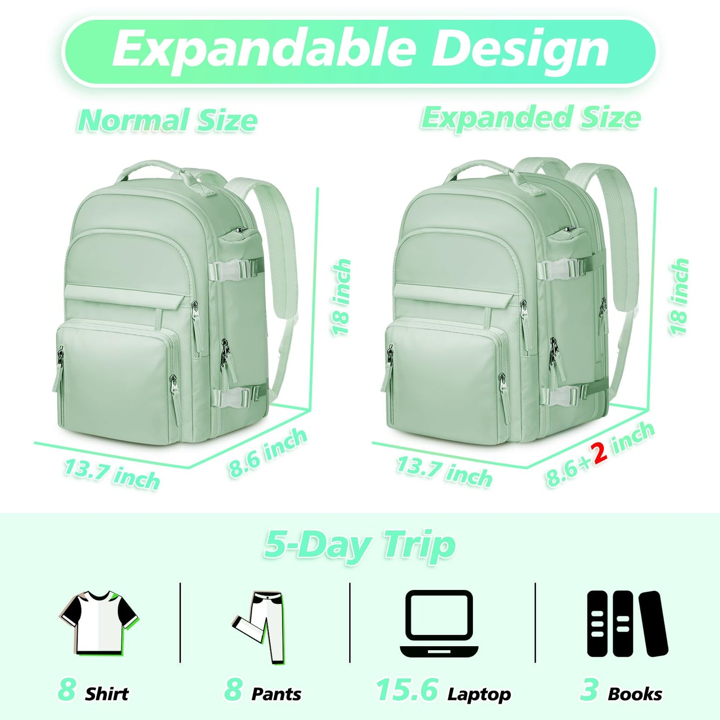 TEMASOL Carry on Backpack, Extra Large 40L Flight Approved Travel Backpack for Women Men, Water Resistant Weekender Bag Fits 17 Inch Notebook, College Business Casual Daypack with Shoe Bag,Green