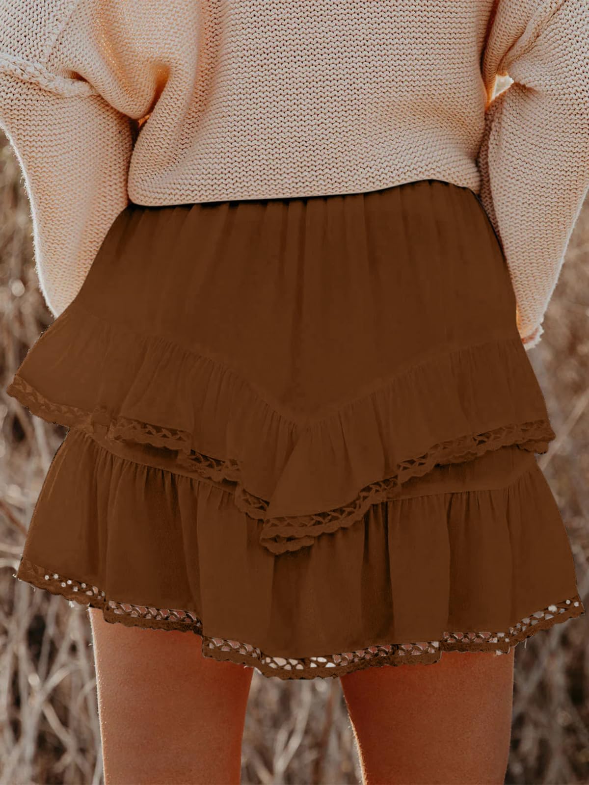 Aoudery Flowy Shorts for Women Casual Boho Ruffle Tiered Skorts High Waist Mini Skirts Golf Tennis Butterfly Crochet Shorts - Brown L