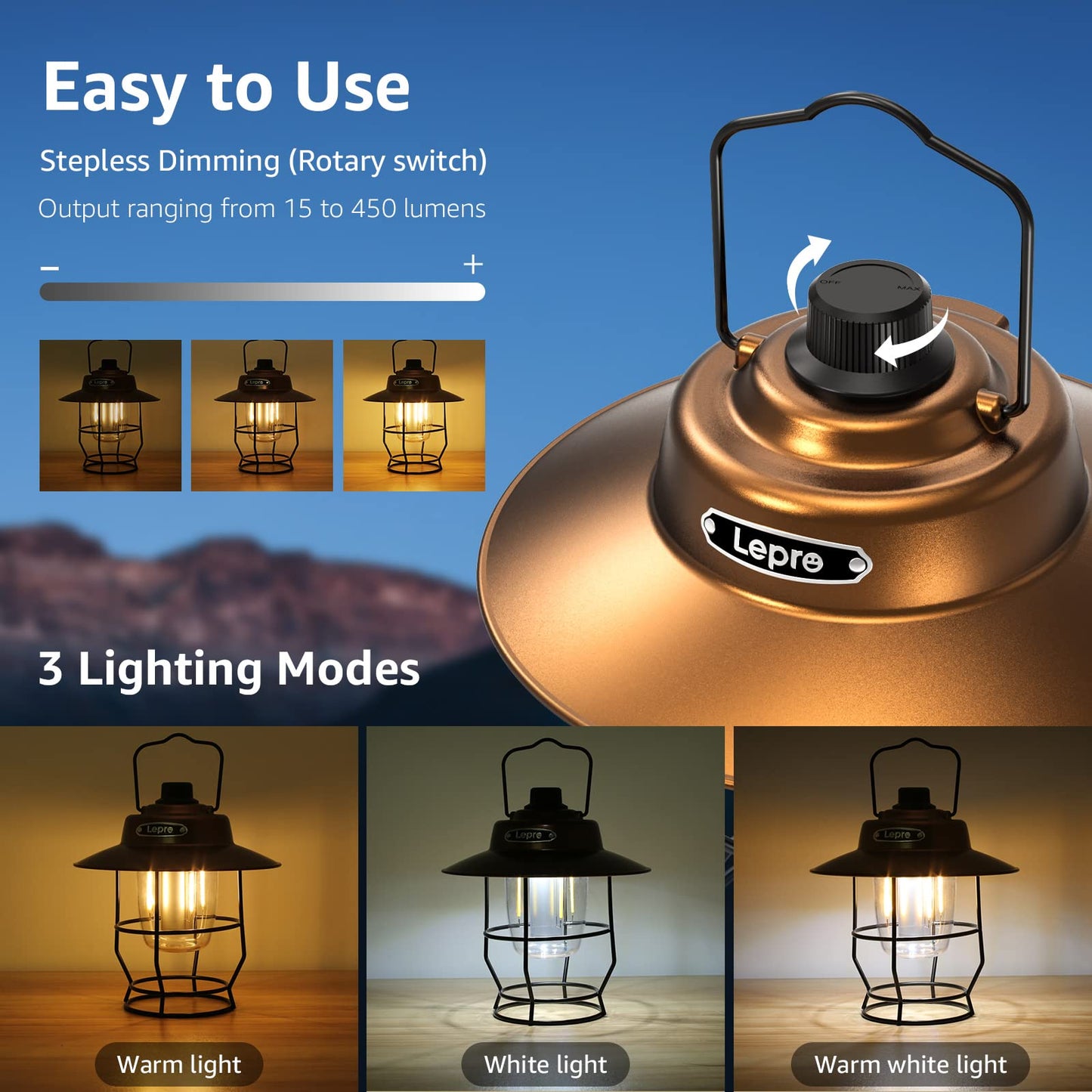 LE Bundle - 2 Items: Lepro Vintage Rechargeable LED Camping Lantern & LE 1000LM Rechargeable LED Camping Lantern