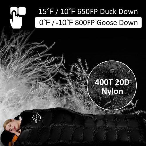 OMVMO -10 Degrees F 800 Fill Power Down Sleeping Bag for Adults,Black Left-Zipper Regular